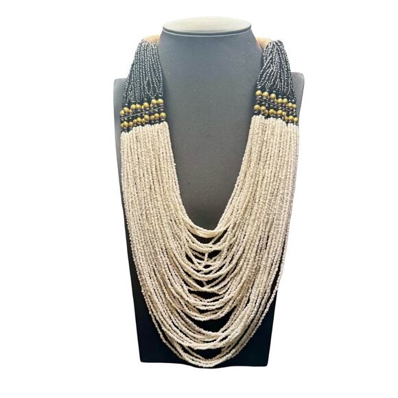 Vintage Handmade Multistring White and black Beaded Statement Necklace